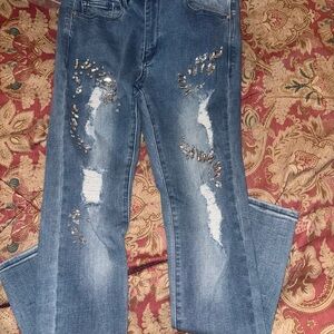 Bebe Blue Straight Leg Jeans with Sequin Details